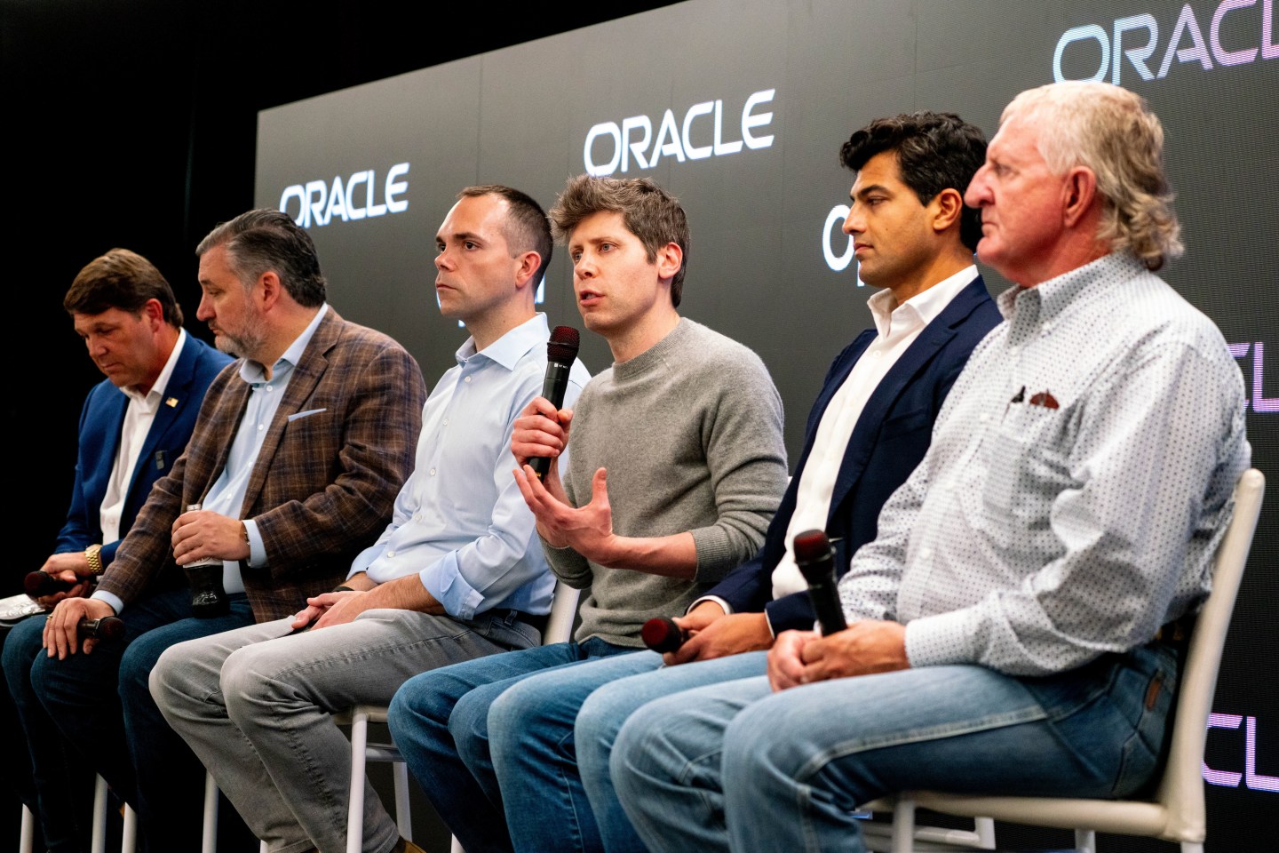 Clay Magouyrk of Oracle, Sam Altman of OpenAI, Vikas Parekh of SoftBank Investment Advisers, and politicians gathered for a media tour of the Stargate AI data center in Abilene, Texas, in September.