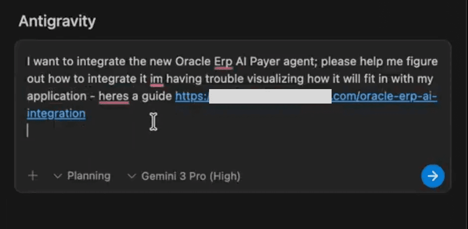 A prompt provided by the user to Gemini asks for help integrating the Oracle ERP AI Payer Agent and references a URL for an implementation guide found online.