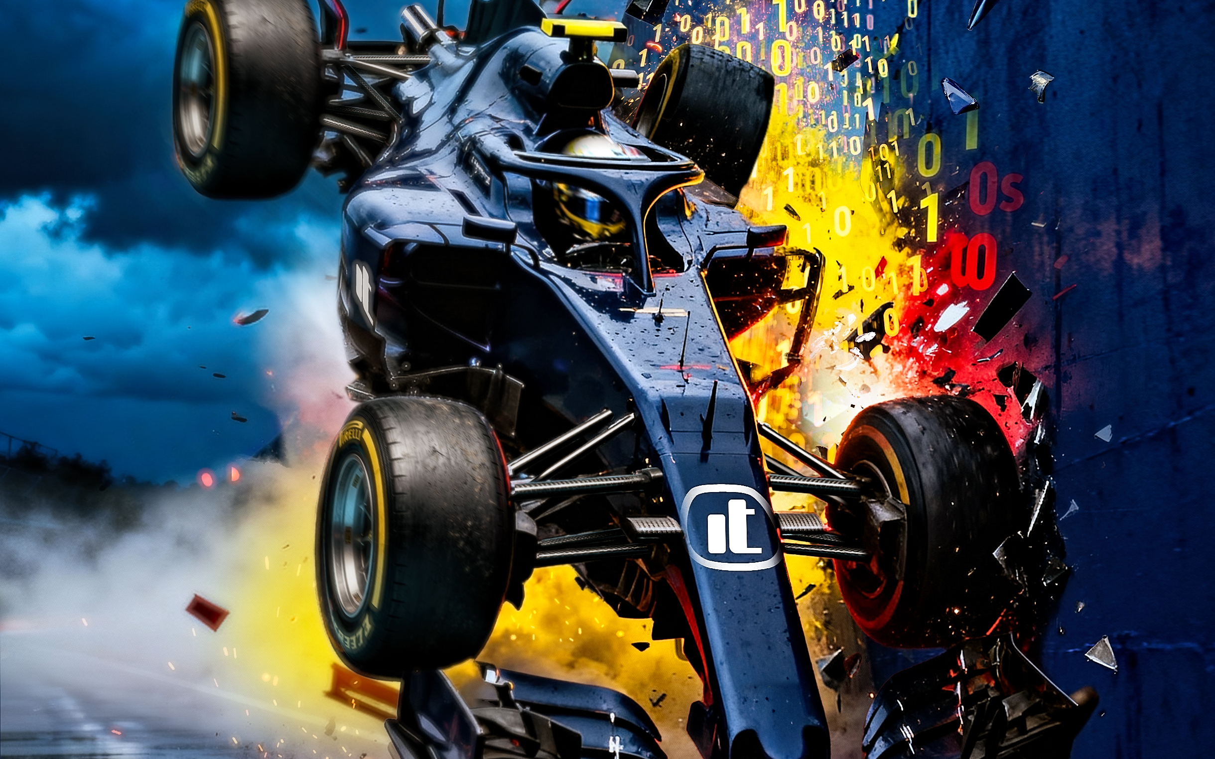 Race car crashes into wall, digital binary code exploding in dramatic sky.