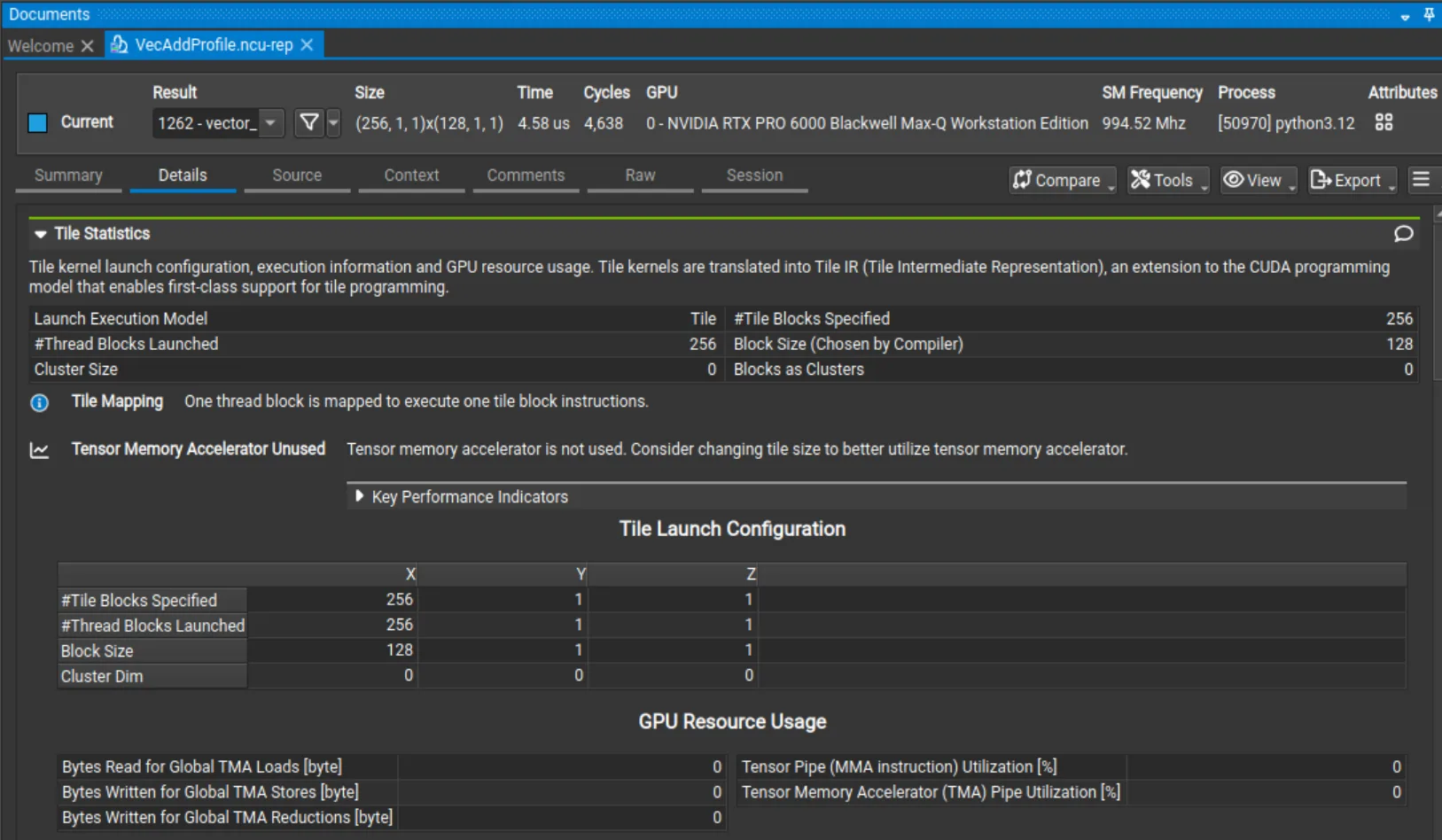 Nsight Compute graphical profiler output showing Tile Statistics