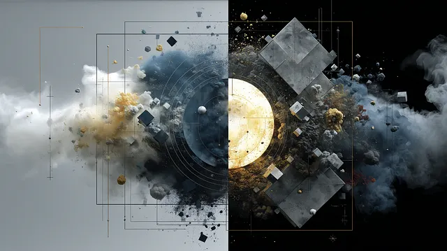 Abstract diptych illustration showing chaotic LLM computation vs elegant world model simulation