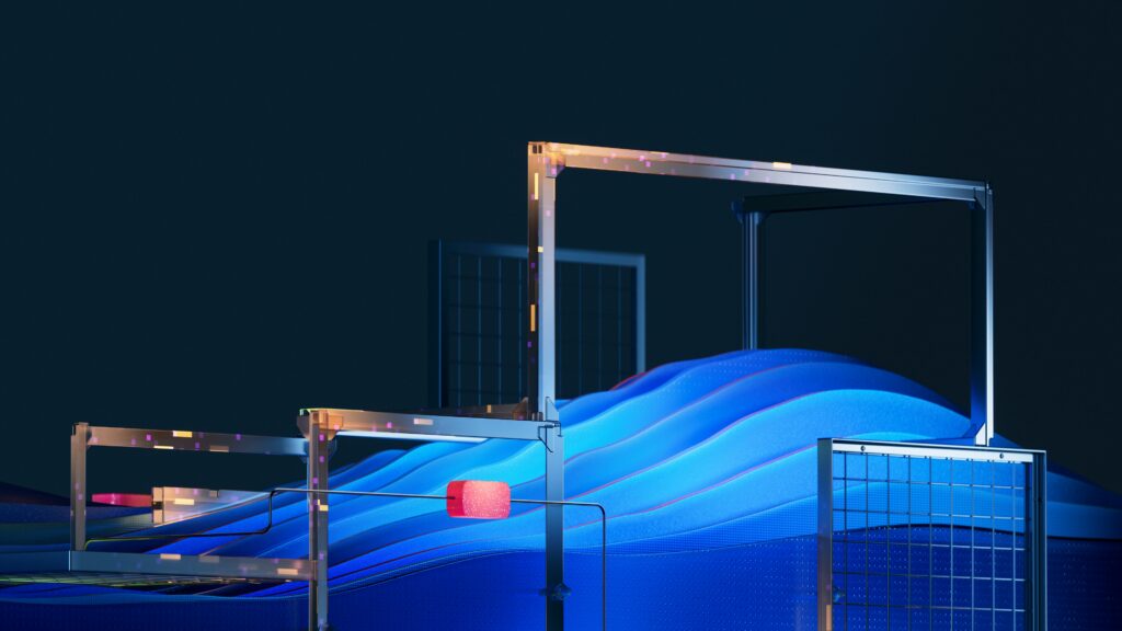 Infrastructure with blue waves and beams.