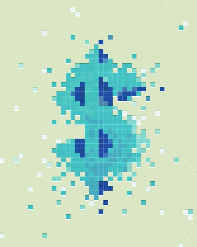 Illustration of a blue-and-green dollar sign made of pixels
