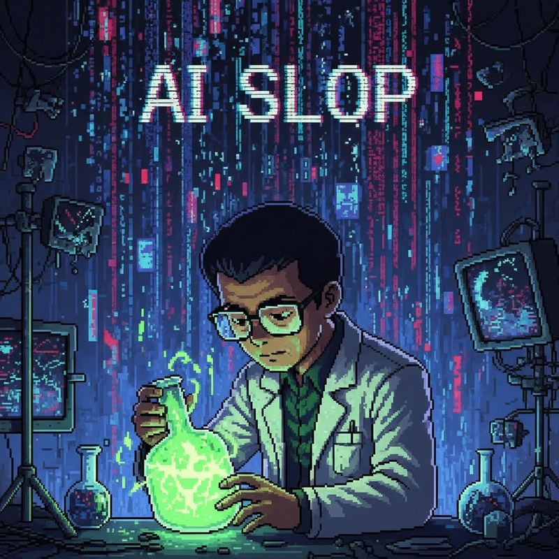 Pixelated anime style, a character wearing a lab coat carefully examining a vial that glows with an eerie, unreliable light, surrounded by abstract, glitchy data streams, representing 'AI Slop,' dark, moody atmosphere with sharp, contrasting highlights, professional, sleek.