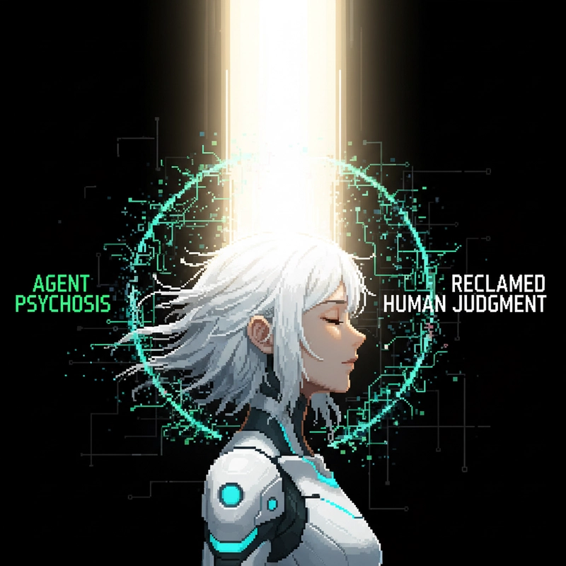 Pixelated anime style, a figure with their eyes closed, a halo of faint, disconnected neural pathways around their head, symbolizing 'Agent Psychosis,' contrasted with a strong, clear beam of light representing reclaimed human judgment, stark, minimalist background, professional, sleek, dramatic lighting.