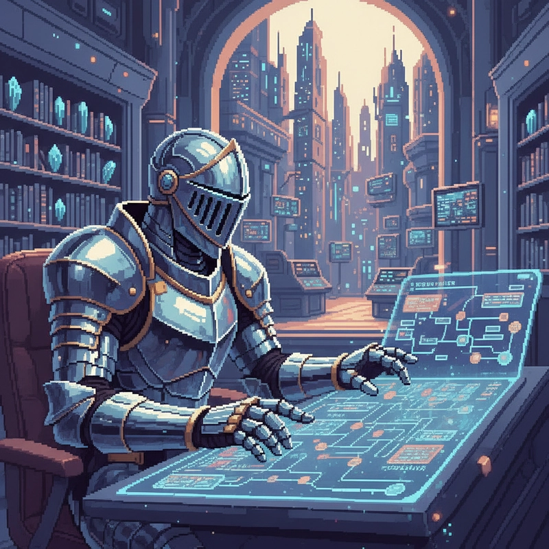 Pixelated anime style, a knight in shining armor meticulously reviewing a complex flowchart on a glowing screen, subtle digital artifacts, a vast, futuristic library in the background, vibrant but muted color palette, professional, sleek, focused lighting.