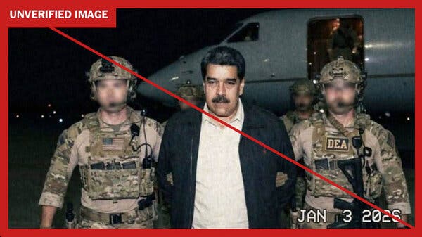 The fake image appears to show Mr. Maduro held by two people in military uniforms