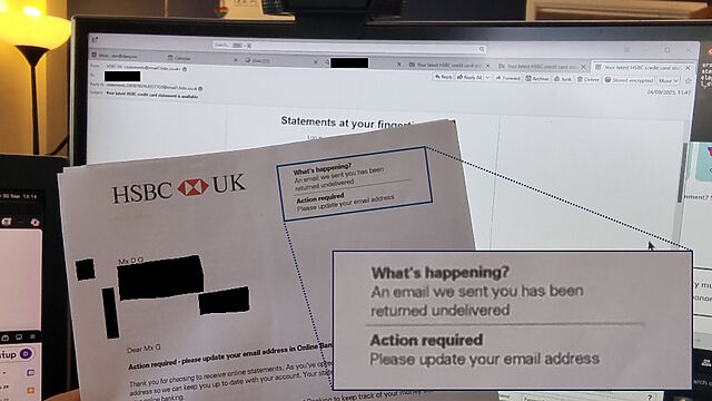 Posted letter from HSBC saying that emails to me have been returned undelivered, held in front of a screen showing a recent email from HSBC sitting in my Inbox.
