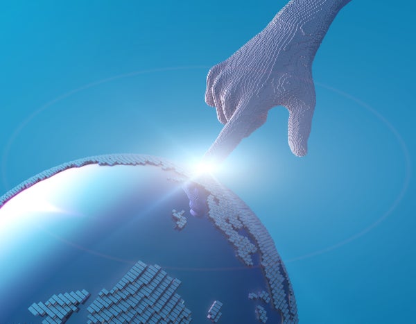 A stylized digital illustration of a 3D pixelated human hand reaching down to touch a glowing point on a fragmented, cube-like globe