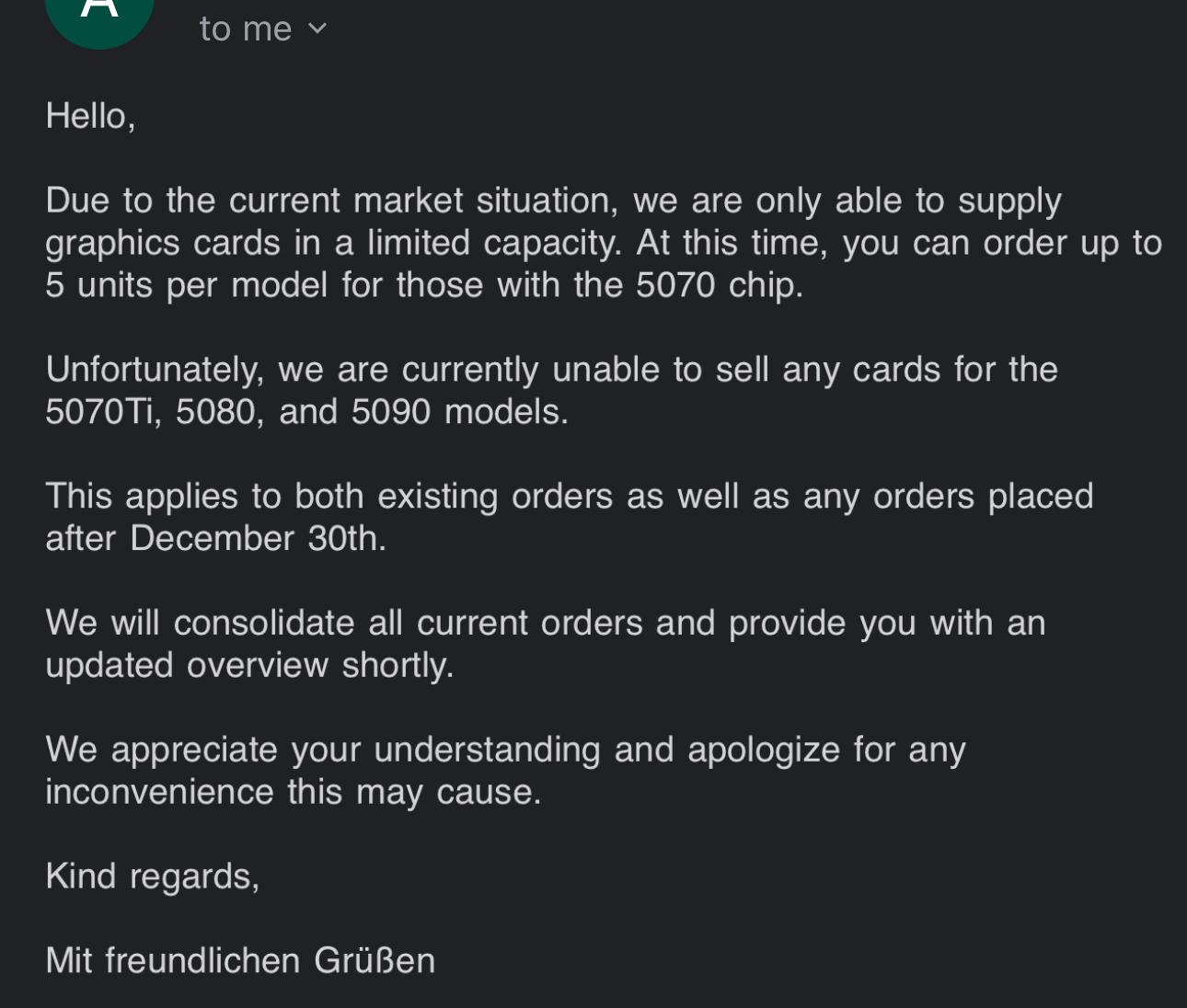 German distributor email showing RTX 50-series order cancellations