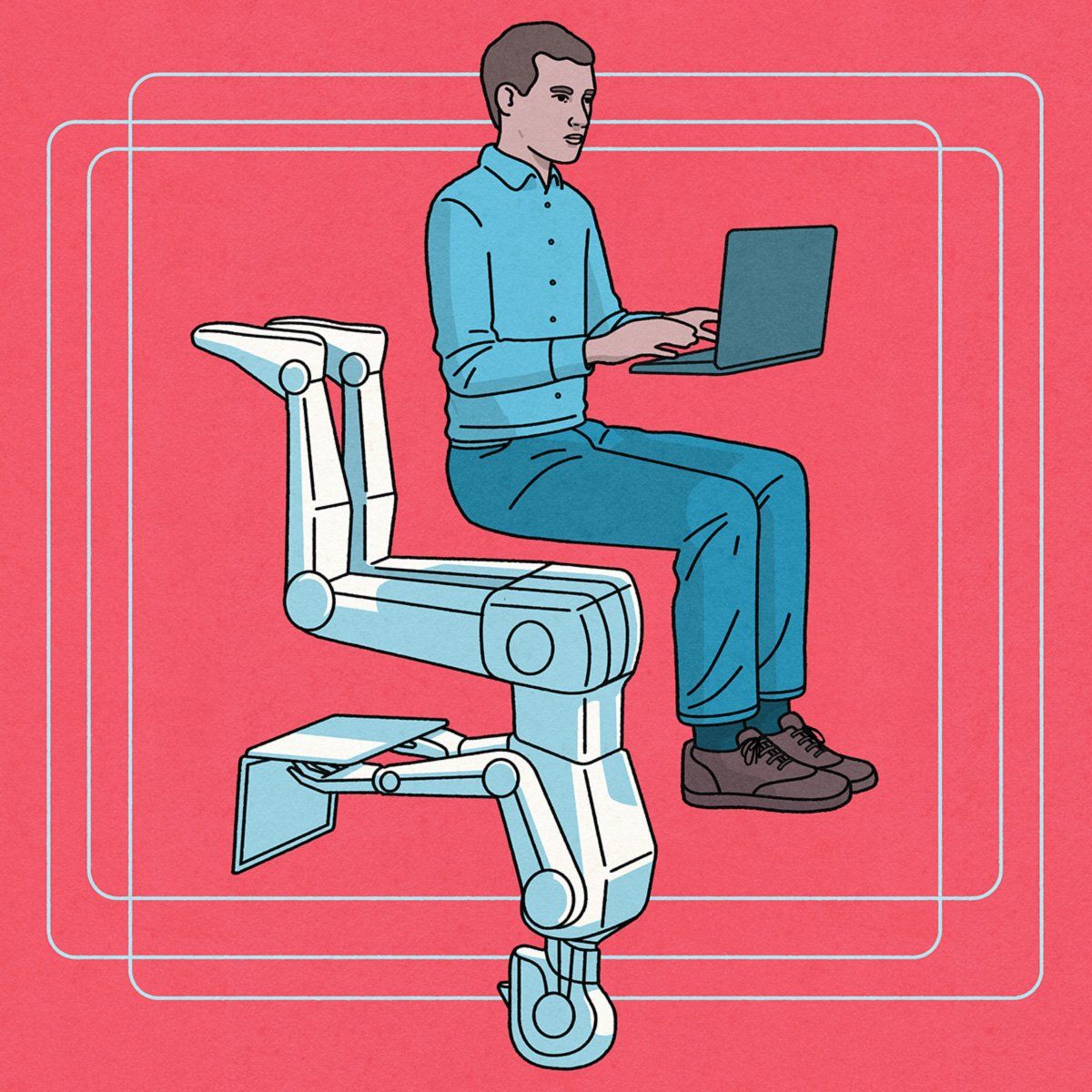 Person sitting on robotic chair, using a laptop, red background with geometric lines