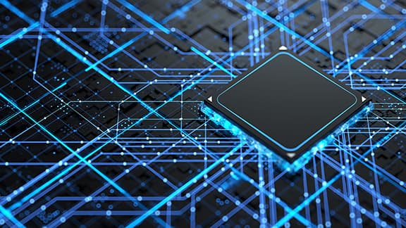 Close up of a glowing internal computer chip