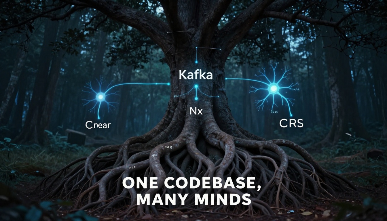 Monorepo architecture diagram with Nx, Kafka, and CQRS components