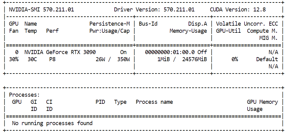 Nvidia SMI report for the RTX 3090 model.