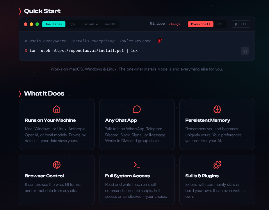 OpenClaw capabilities listing web browsing and form filling as core features