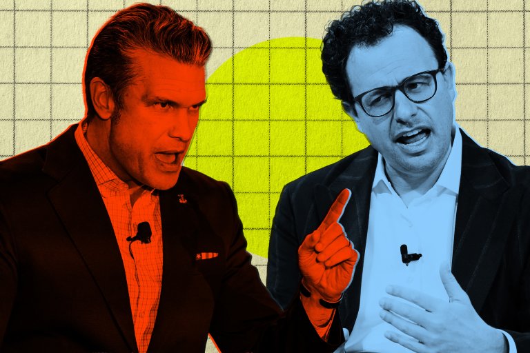 Illustration of Pete Hegseth and Dario Amodei facing off