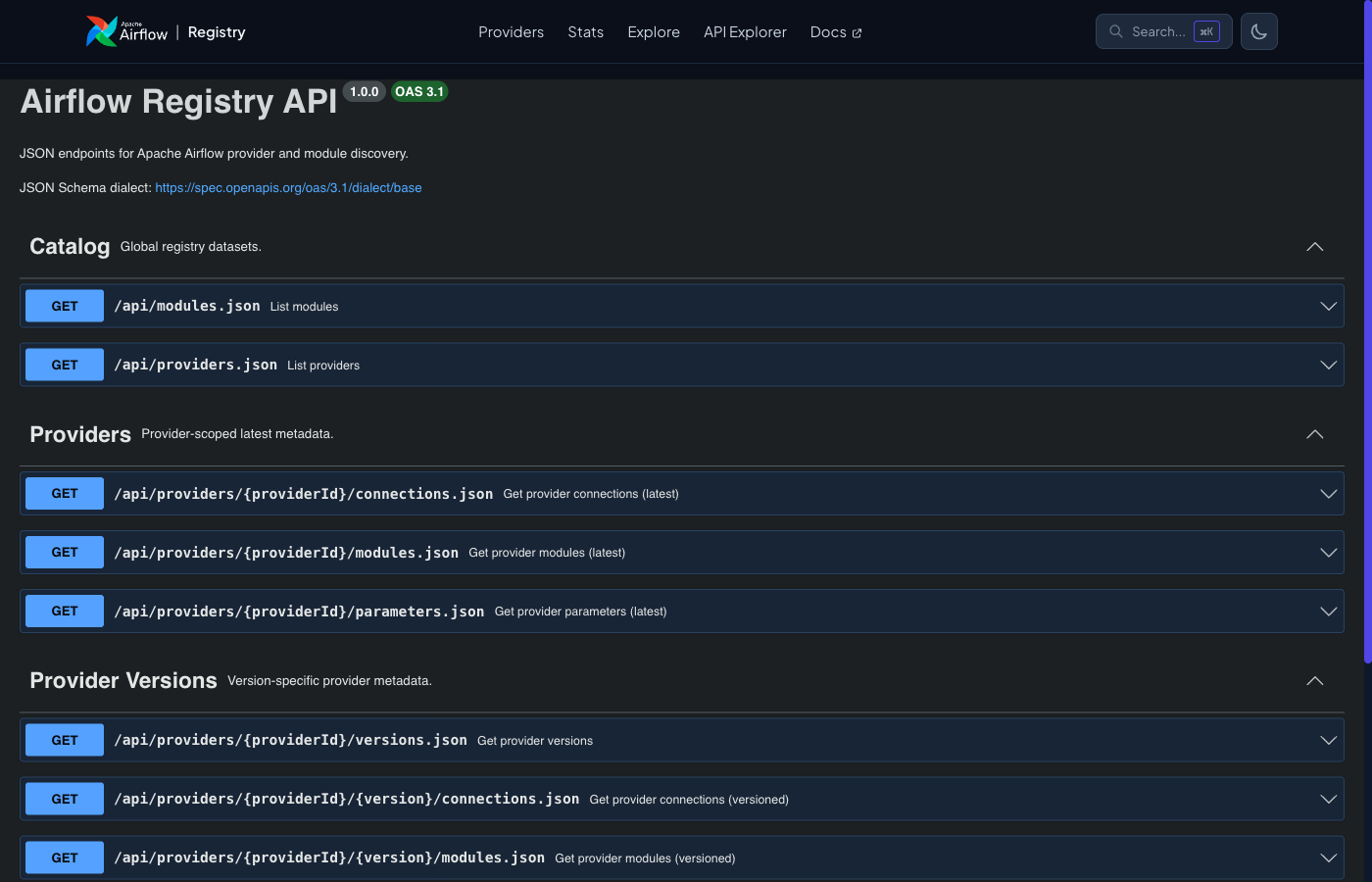 Interactive API Explorer interface showing the OpenAPI 3.1 specification structure