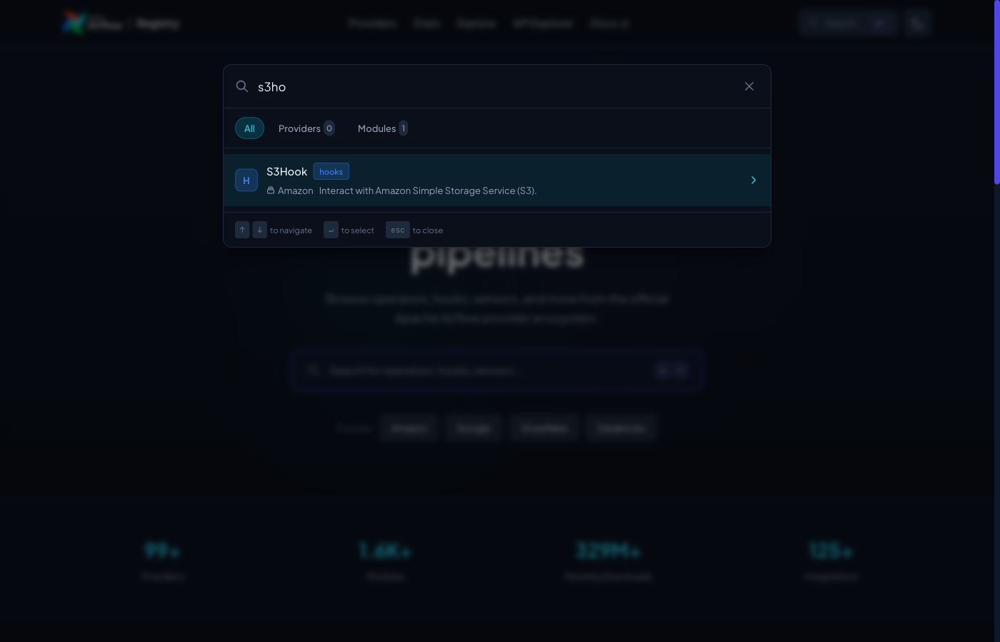 Search results showing the S3Hook from the Amazon provider interface