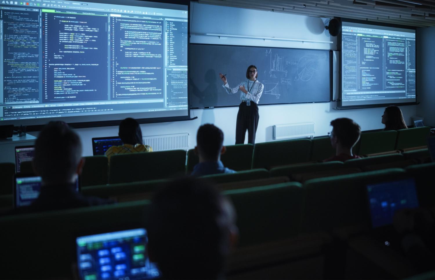 Researcher presenting computer code to classroom