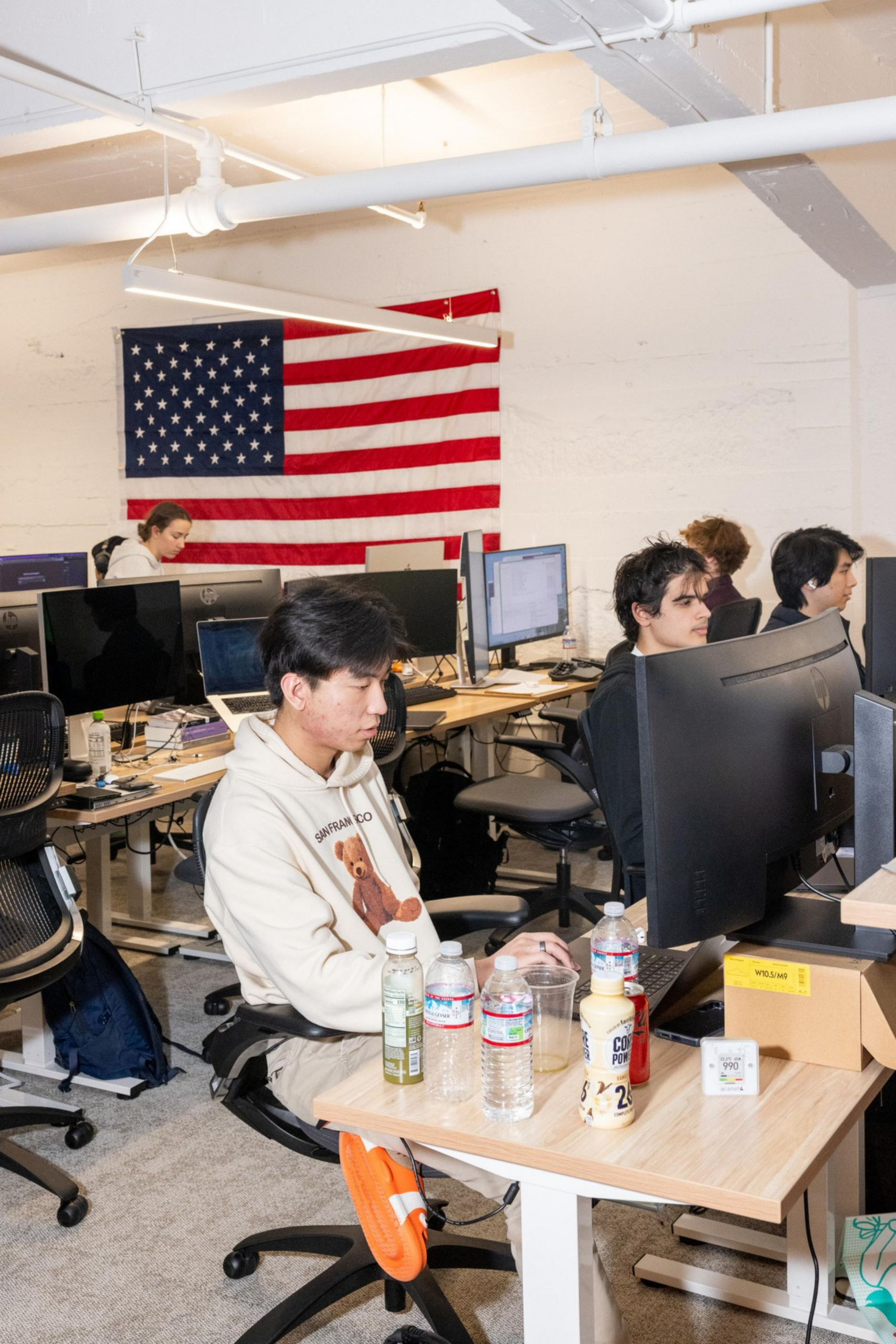 Several young adults work at computers in an office with an American flag visible on the wall, symbolizing corporate technology environment
