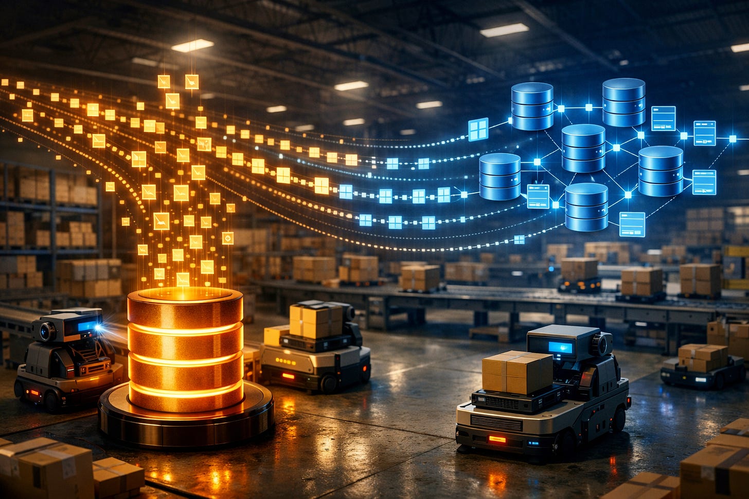 Warehouse robots diagram showing change event streaming from SQLite to distributed database architecture