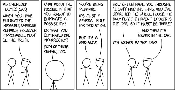 Randall Munroe's XKCD 'Eliminating the Impossible' depicting a cartoon about complex security logic