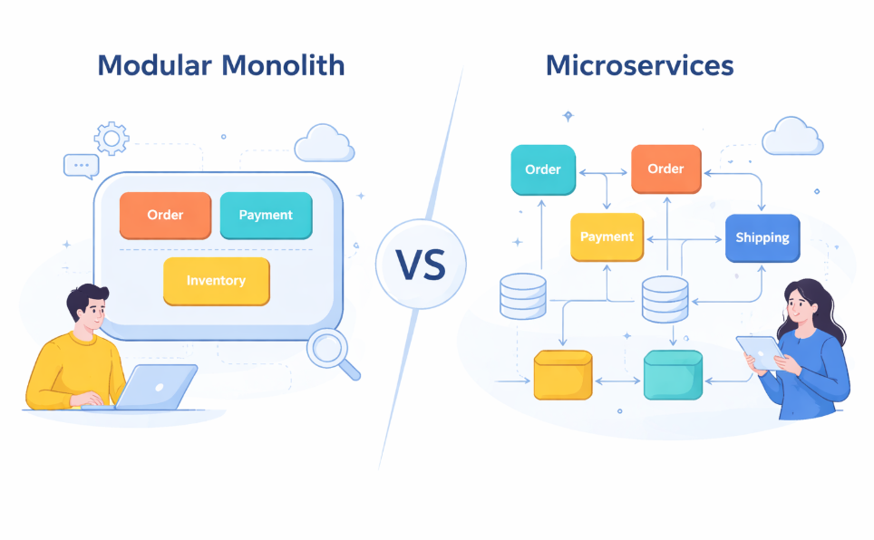 Comparison illustration showing modular monoliths vs microservices architecture differences