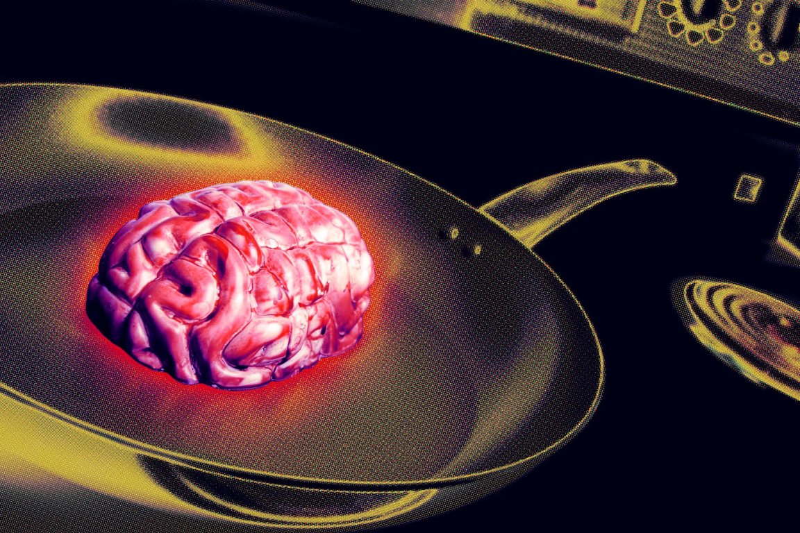 A human brain is placed in a frying pan on a stove, with a red glow around the brain suggesting heat or cooking. The image has a stylized, high-contrast, and slightly grainy effect.
