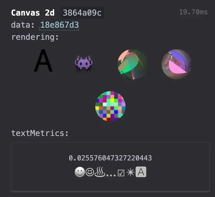 Screenshot of CreepJS interface showing canvas fingerprinting details and vulnerability detection