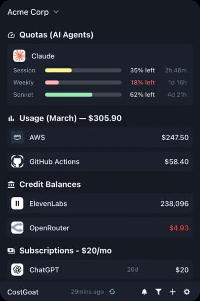 Cost monitoring dashboard showing CostGoat application interface