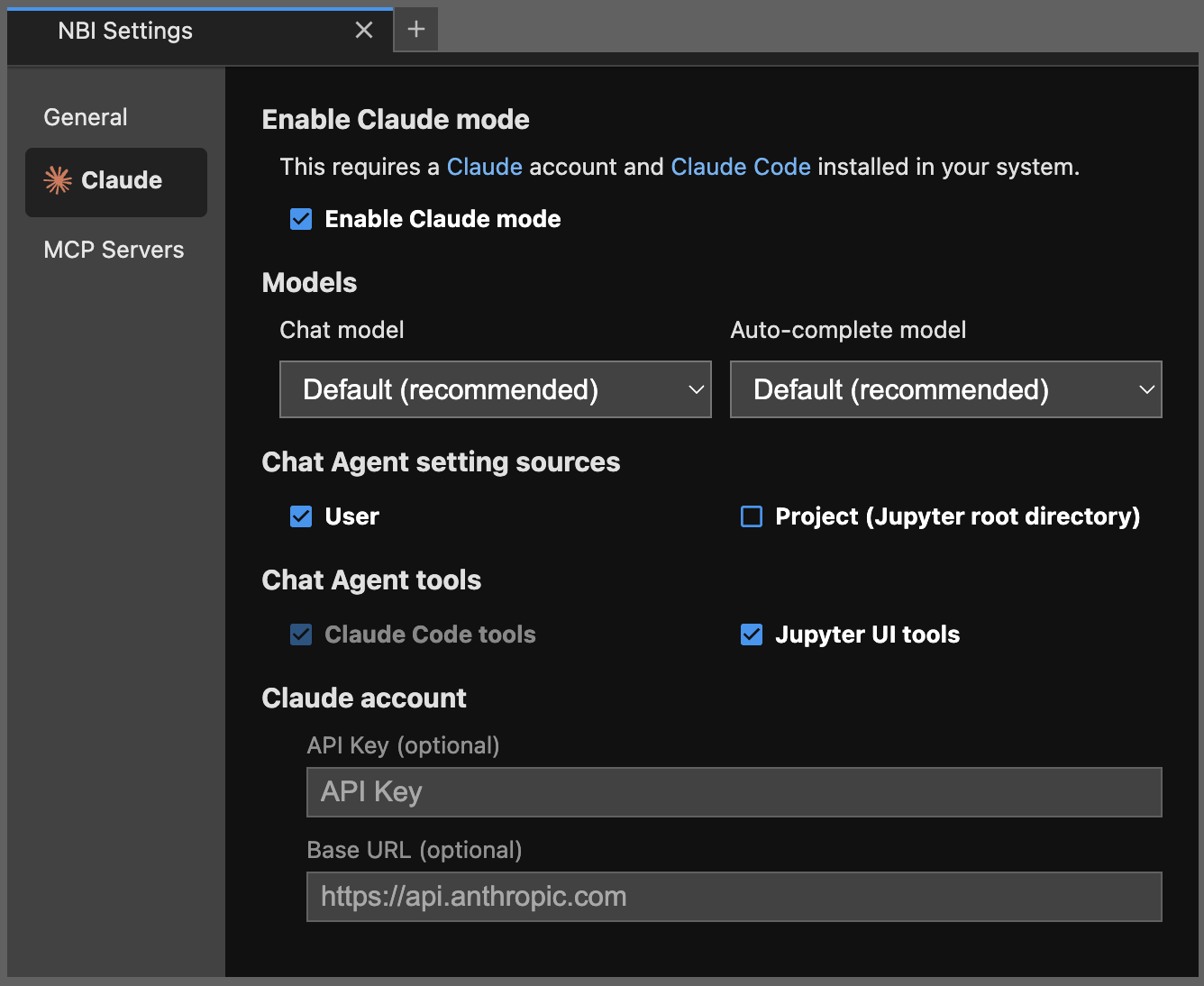Model Context Protocol configuration settings menu in AI agent dashboard