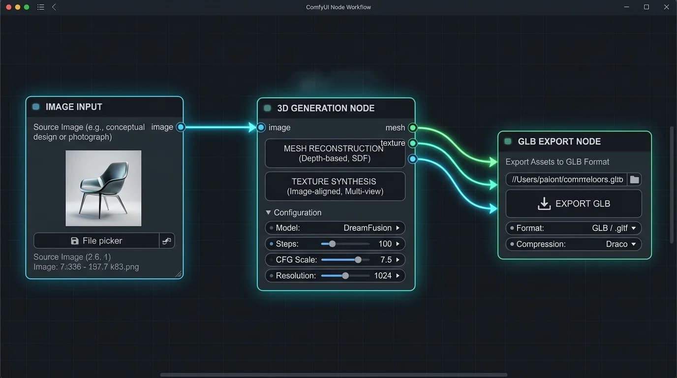 TRELLIS 2 ComfyUI workflow diagram showing step-by-step conversion from image to 3D GLB file format