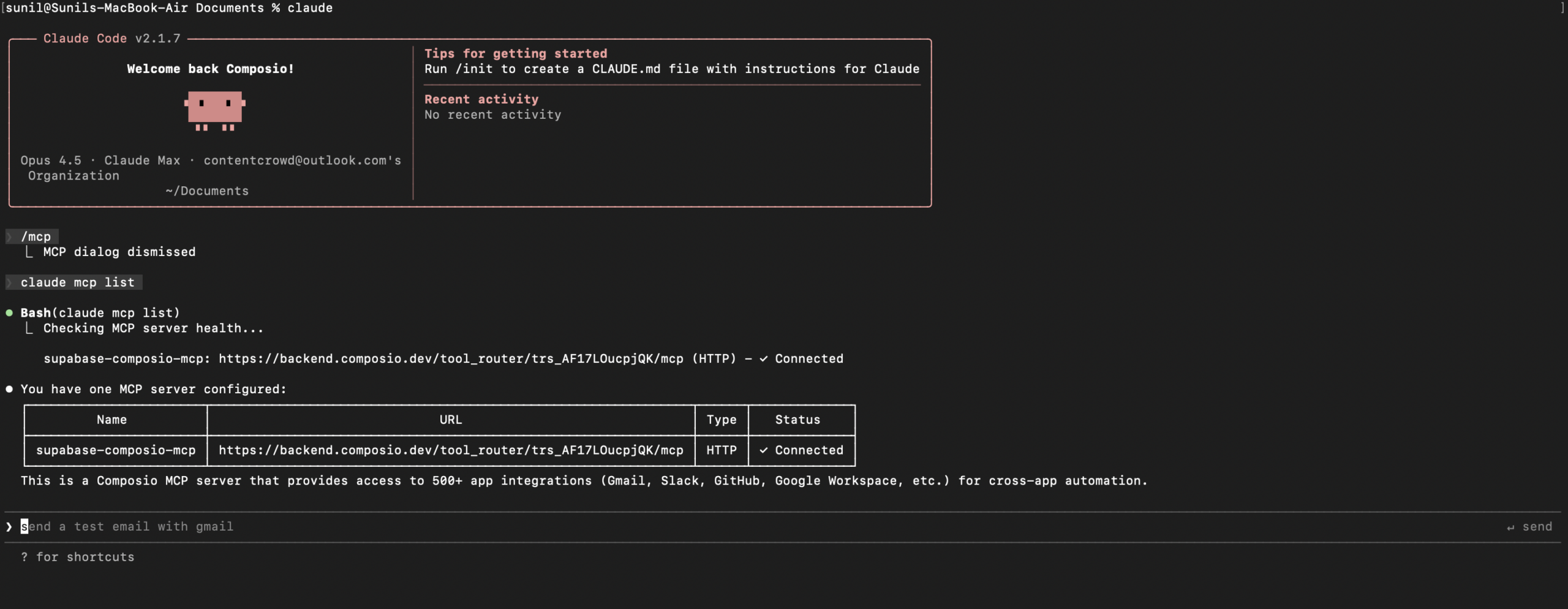 Screenshot showing Claude Code MCP list displaying available toolkit MCP server integrations
