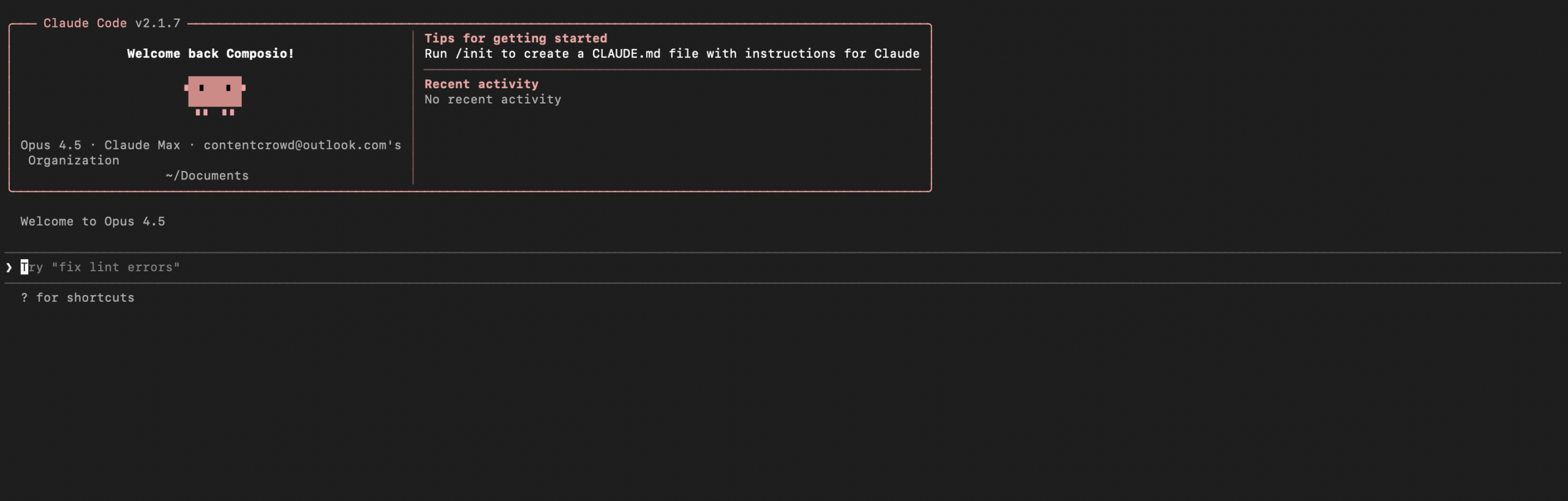 Terminal window screenshot after successful login showing Claude Code integrated with Snowflake credentials