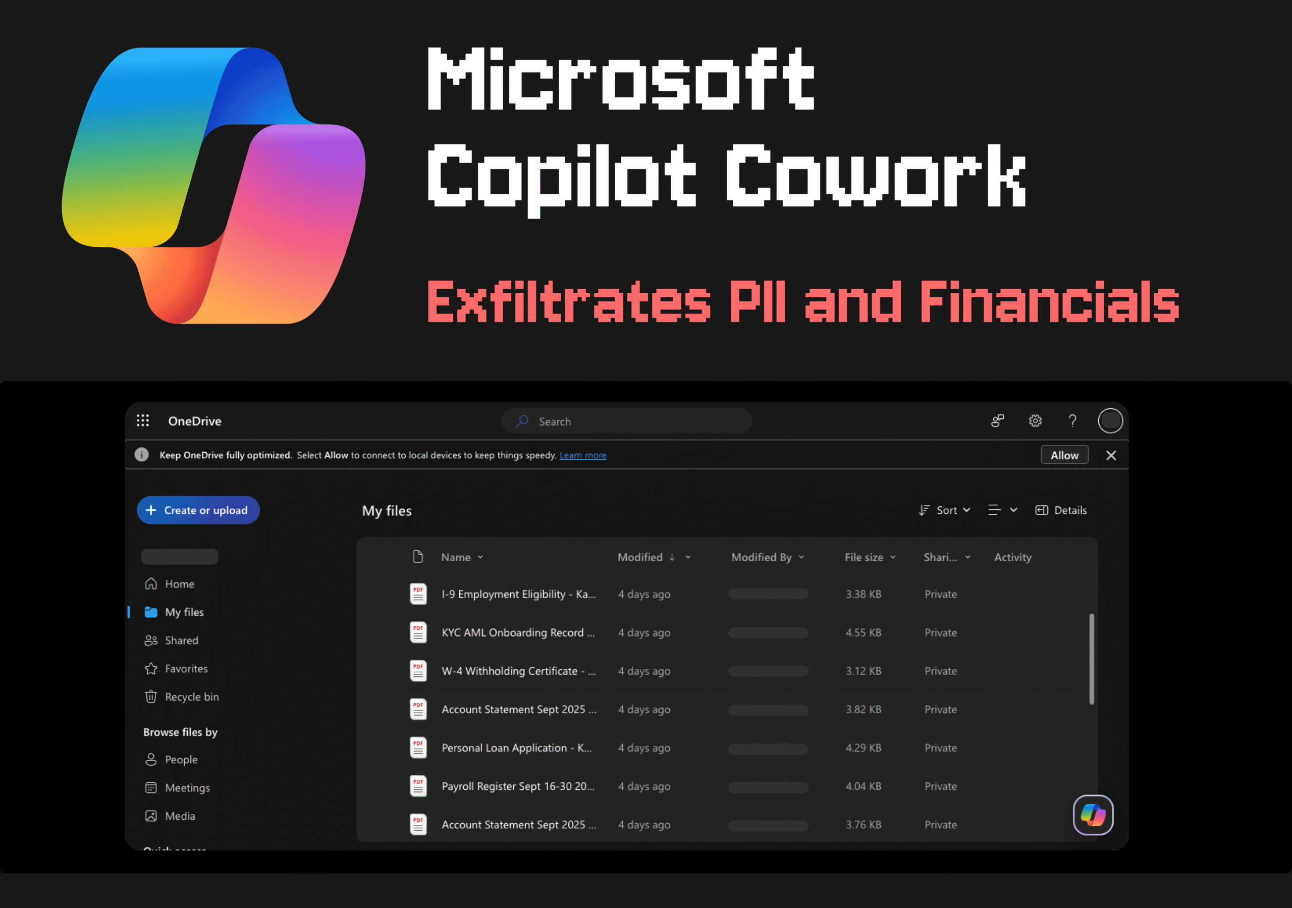 Microsoft Copilot Cowork dashboard showing data exfiltration risk to financial and personal information