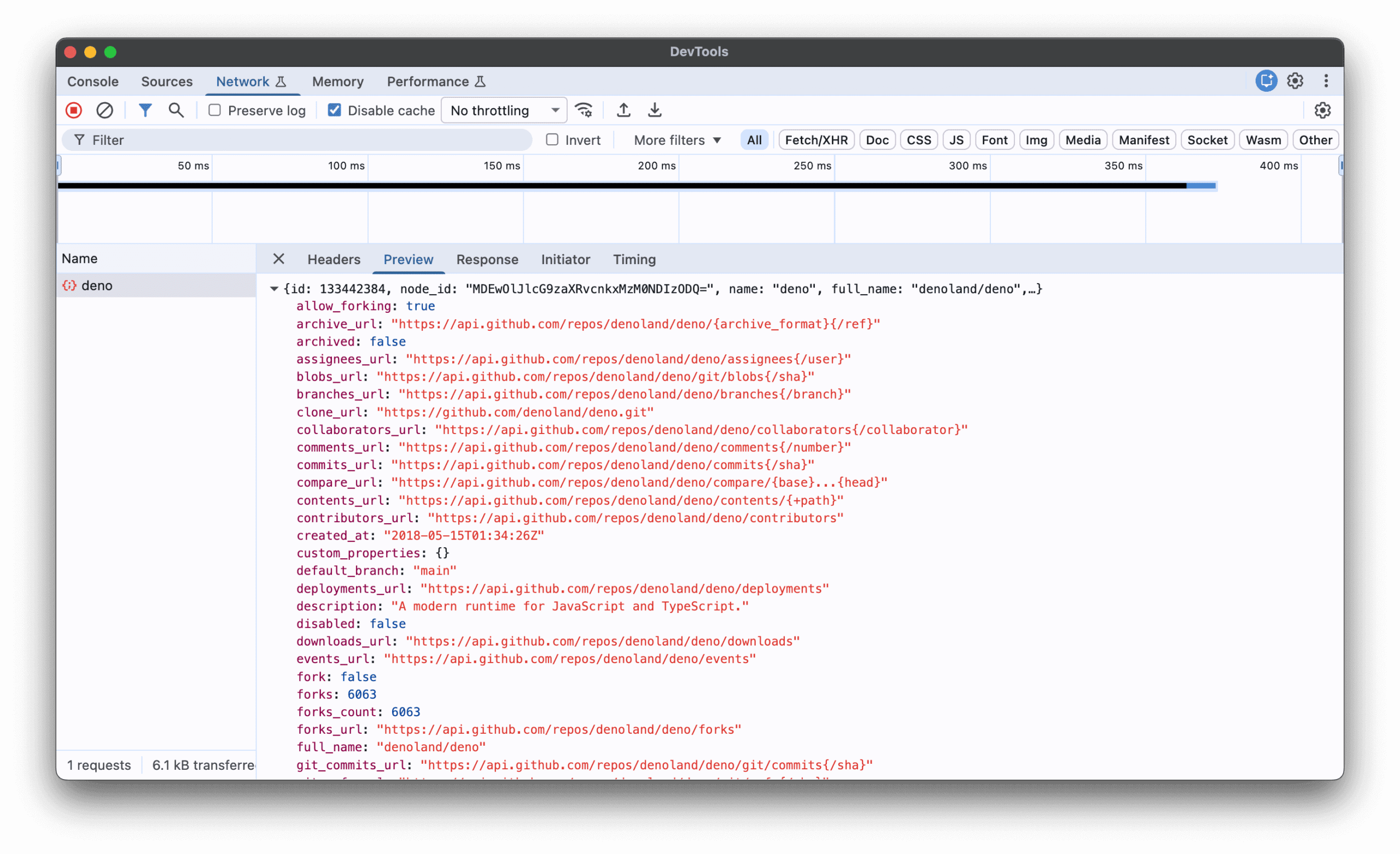 DevTools Network tab showing a fetch() request to api.github.com with the JSON response previewed inline.