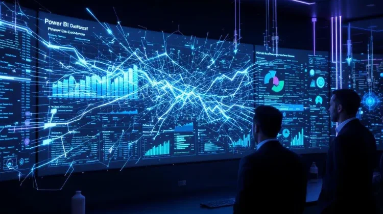 Power BI dashboard showing data governance chaos with multiple disconnected data sources and conflicting business logic