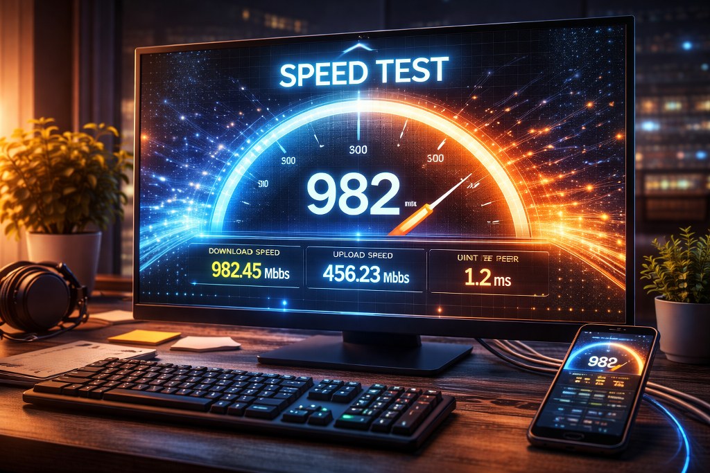 A speed test display showing ultra fast download upload and low latency metrics