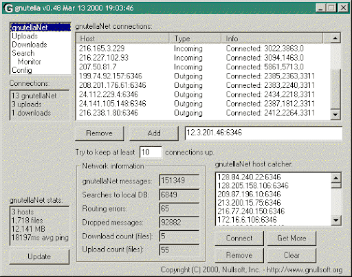 Original Gnutella 0.48 connection manager showing hosts, uploads, downloads, and cached peer addresses