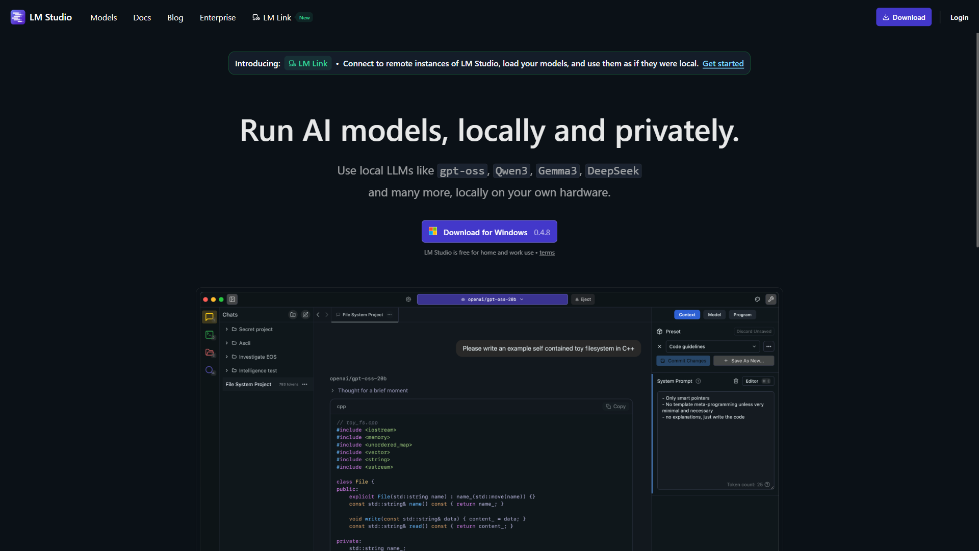 LM Studio desktop application homepage showing model management interface