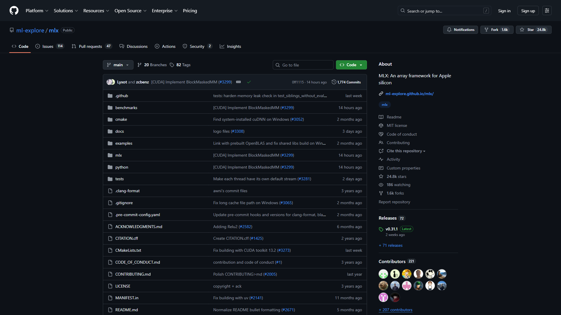 MLX GitHub repository showing Apple's machine learning framework documentation