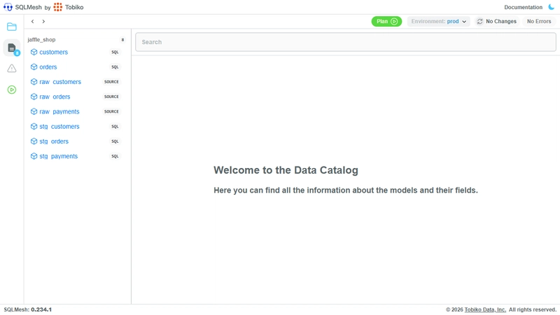 SQLMesh data catalog showing metadata overview