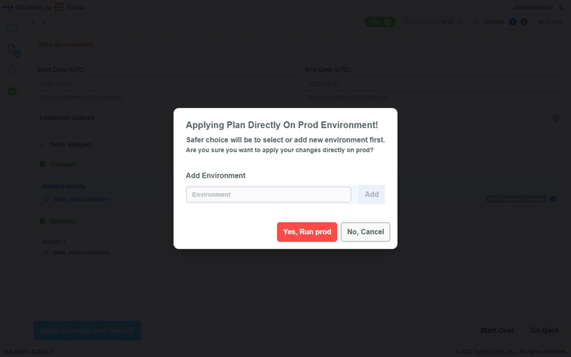 SQLMesh plan application process showing confirmation prompt