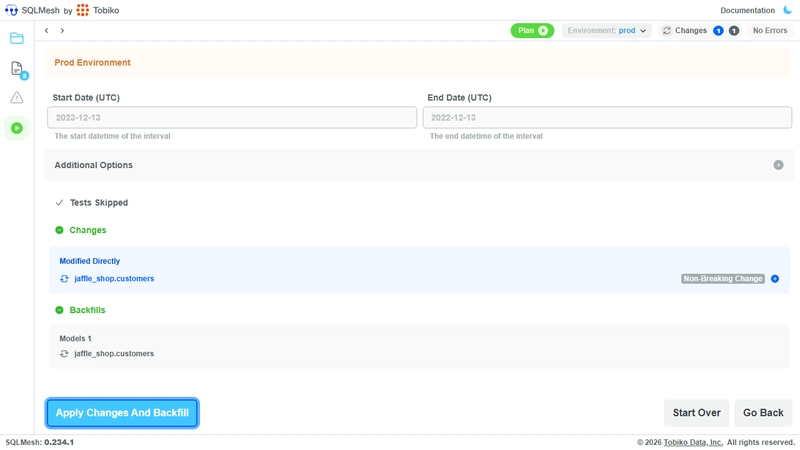 SQLMesh plan evaluation showing added models and environment creation details