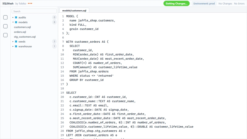 SQLMesh UI editor showing MODEL block and SQL logic
