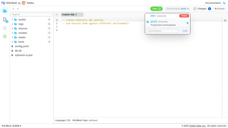SQLMesh UI environment view showing virtual environments