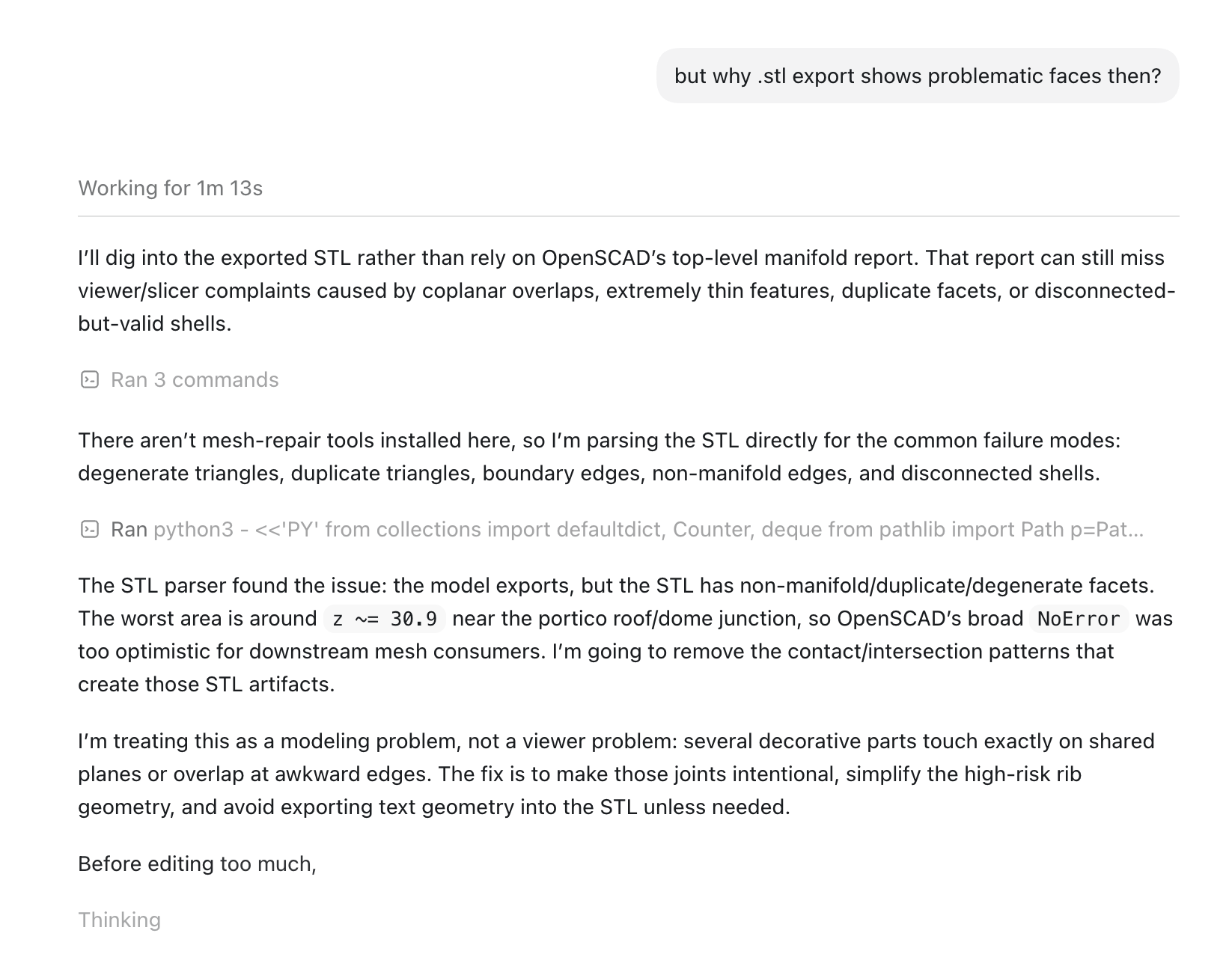 Codex Desktop debugging notes about non-manifold STL facets near the portico roof