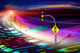Graphic of a traffic light in a fiber optic cable representing signal validation