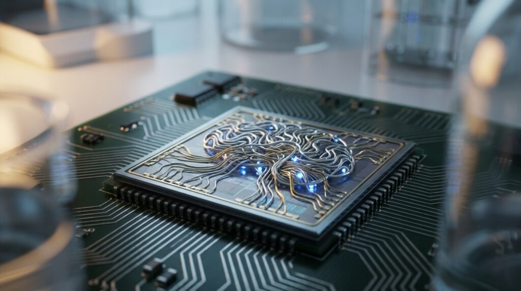 Macro view of a neuromorphic computer chip with branching neuron-like traces glowing with faint blue light
