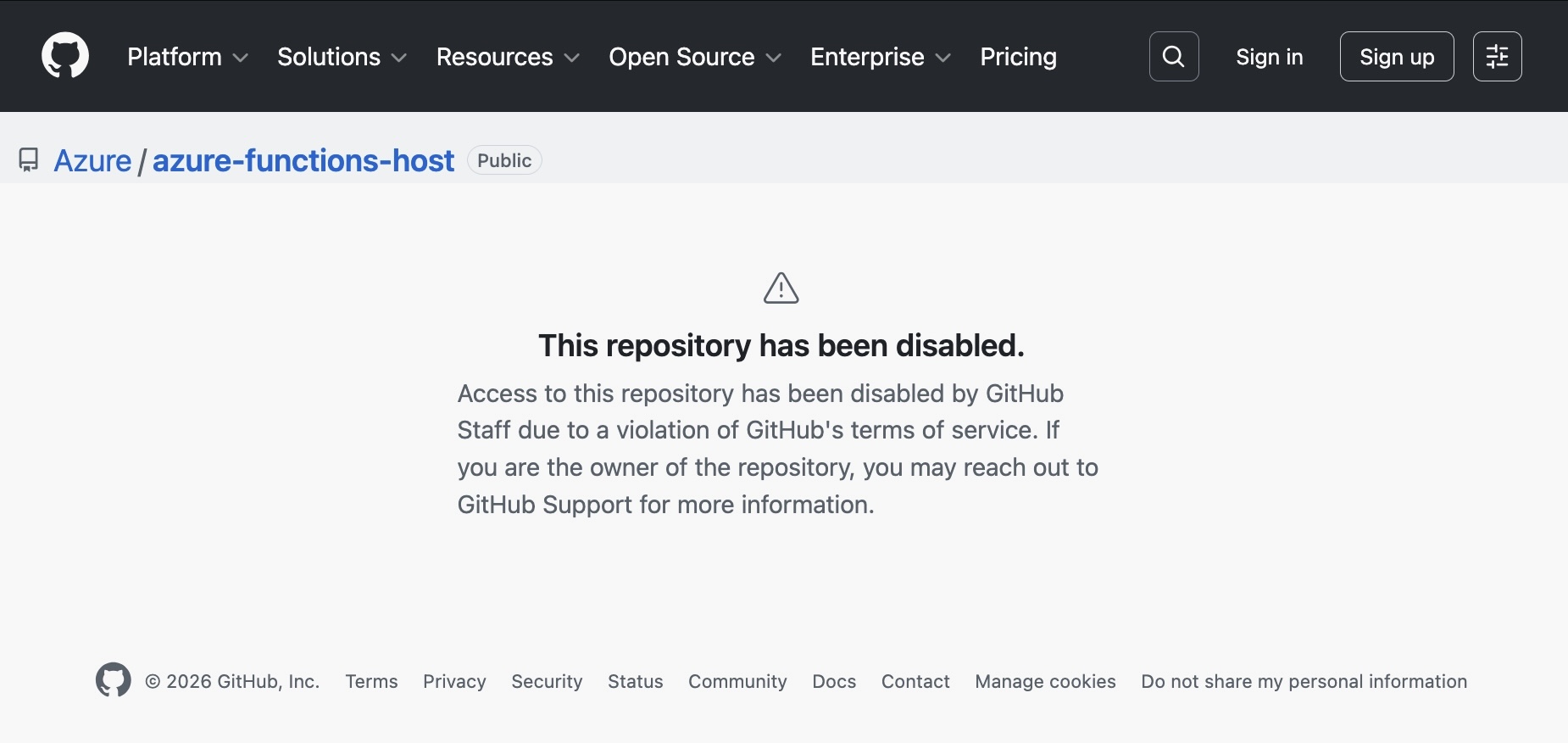 A screenshot showing a disabled GitHub repository with the violation notice
